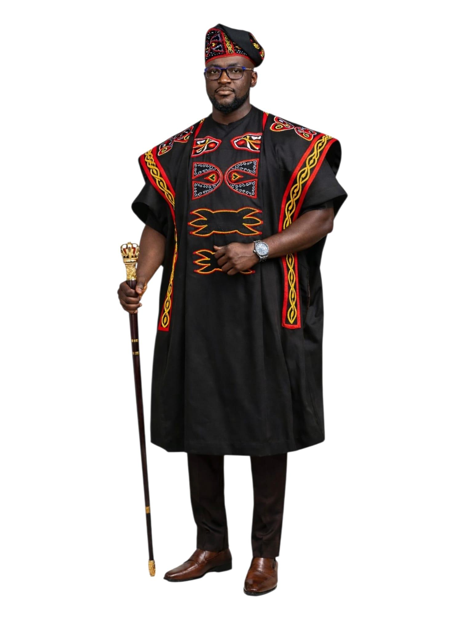 Black Men's Toghu Embroidered Agbada Set with Matching Cap