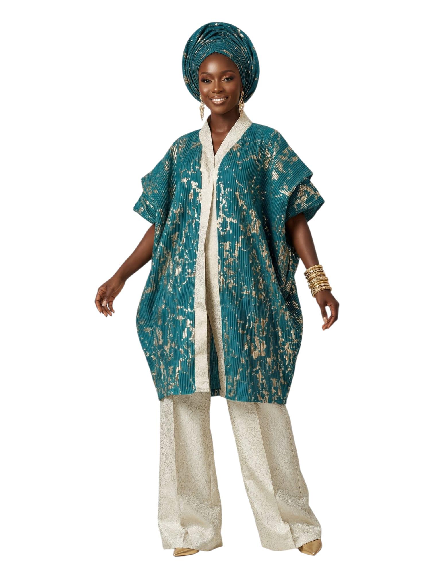 Zaria Teal & Gold Foil Pleated Kimono Co-ord Set