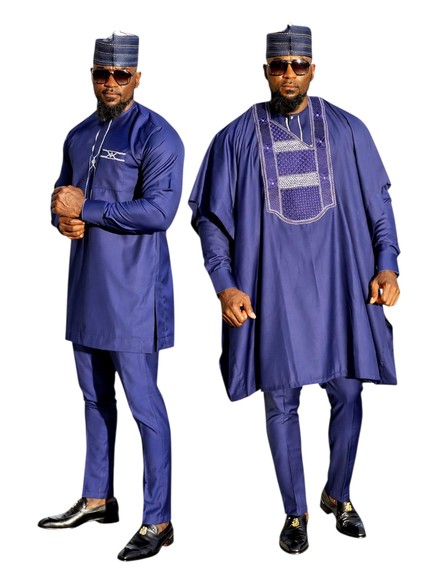 Presidential Navy Blue Embroidered Men's Agbada Set with Matching Cap